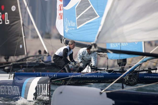 Pete Greenhalgh and Hashim Al Rashdi in action onboard The Wave, Muscat - Act 2, Day 1, Extreme Sailing Series 2012 &copy; Lloyd Images http://lloydimagesgallery.photoshelter.com/